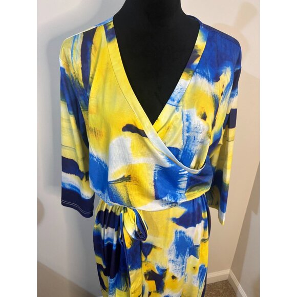 Womens Blue and Yellow Plus Size Wrap Dress With Belt NWT Size XXL - Picture 1 of 12